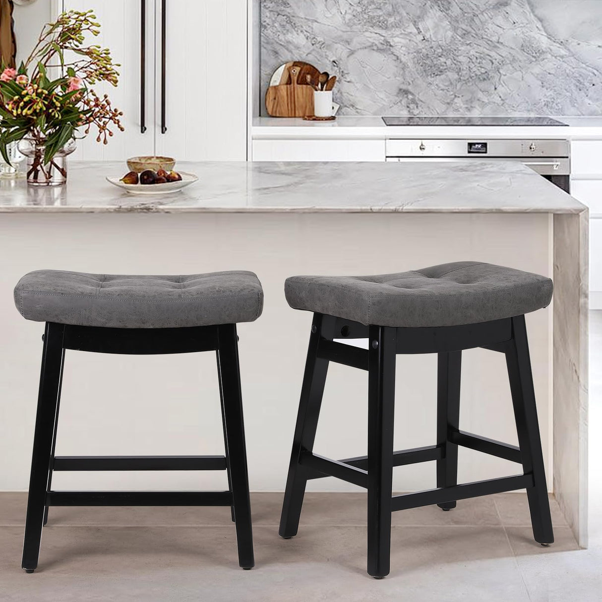 24 Inch Bar Stools Counter Height Set of 2 Solid Wood Legs PU Leather Saddle Soft