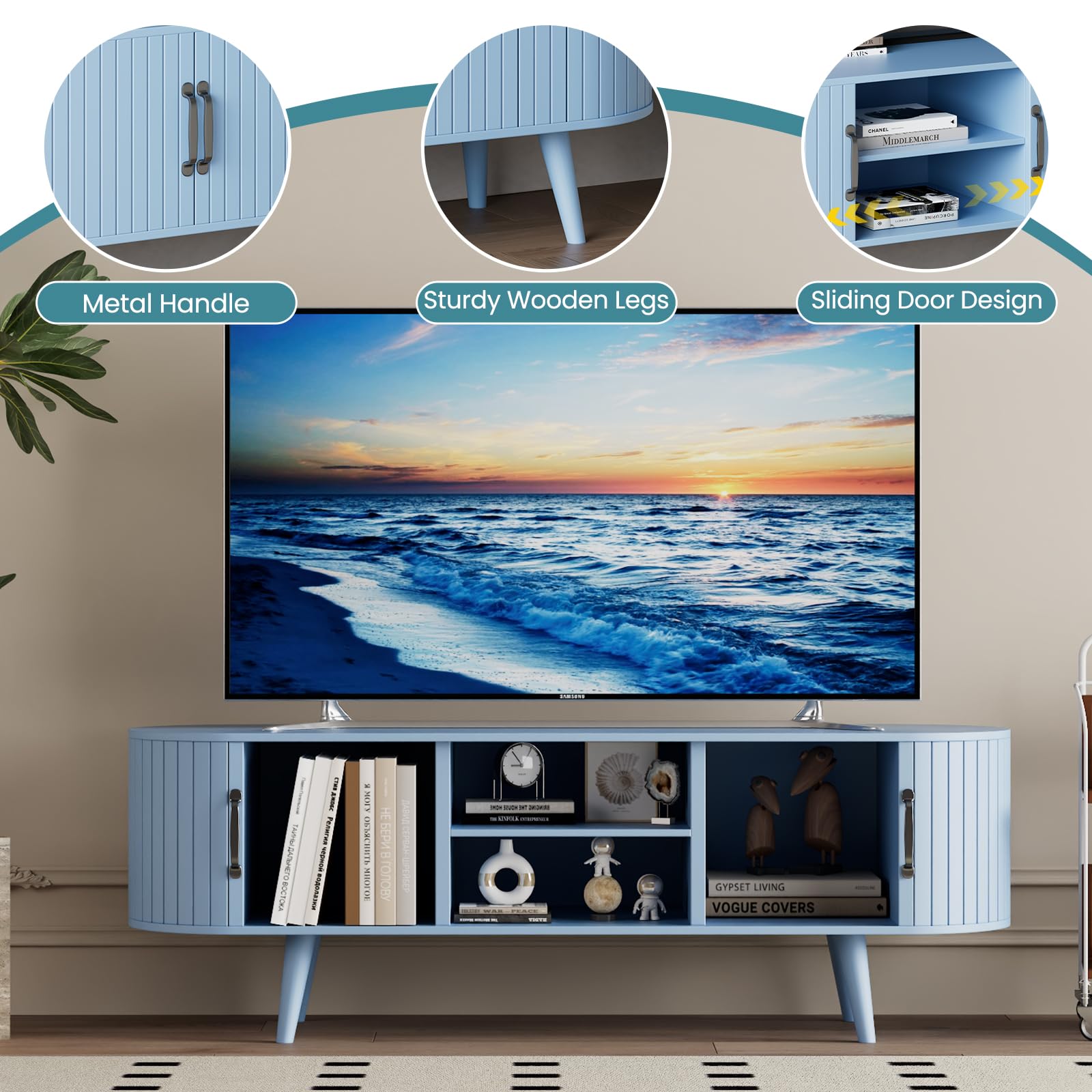 68" Fluted TV Stand with Sliding Door Storage - Light Blue