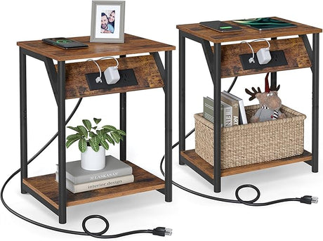 End Table with Charging Station, Small Side Table for Living Room, Bedroom, Nightstand