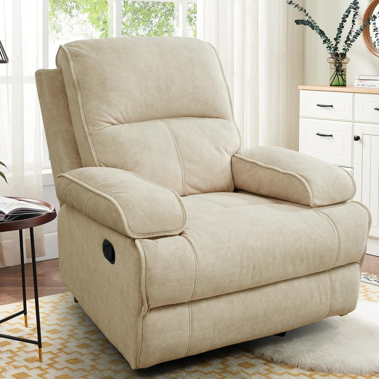 Adjustable Rocker Recliner with Plaid Back and Armrests

