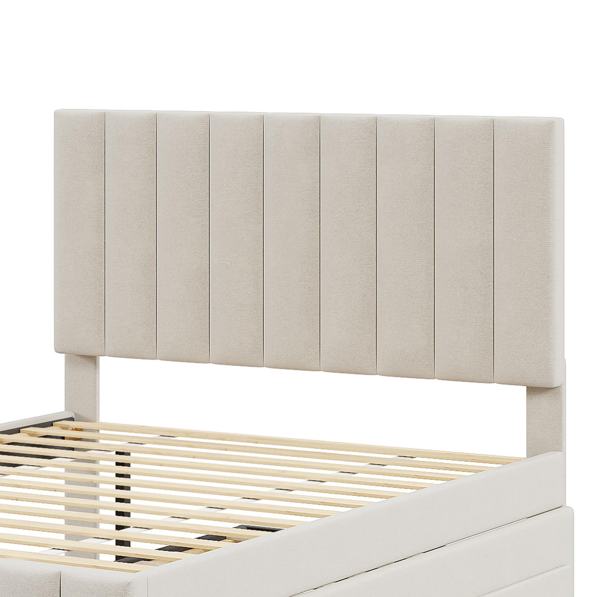 Bed Frame Full Size Linen Fabric Platform Bed Frame with Trundle and 3 Drawers, No