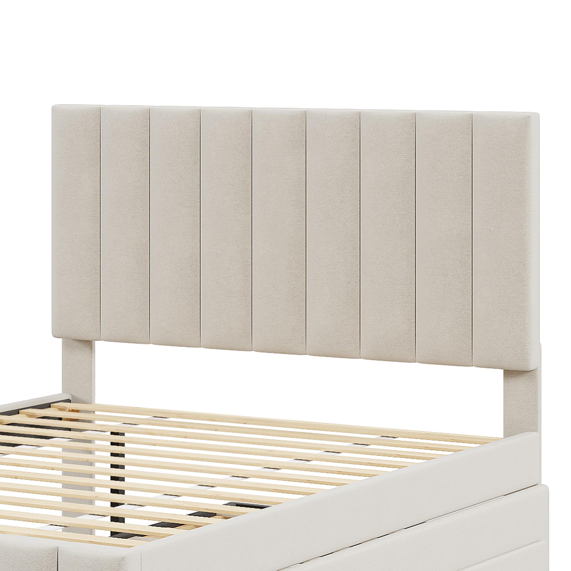 Bed Frame Full Size Linen Fabric Platform Bed Frame with Trundle and 3 Drawers, No