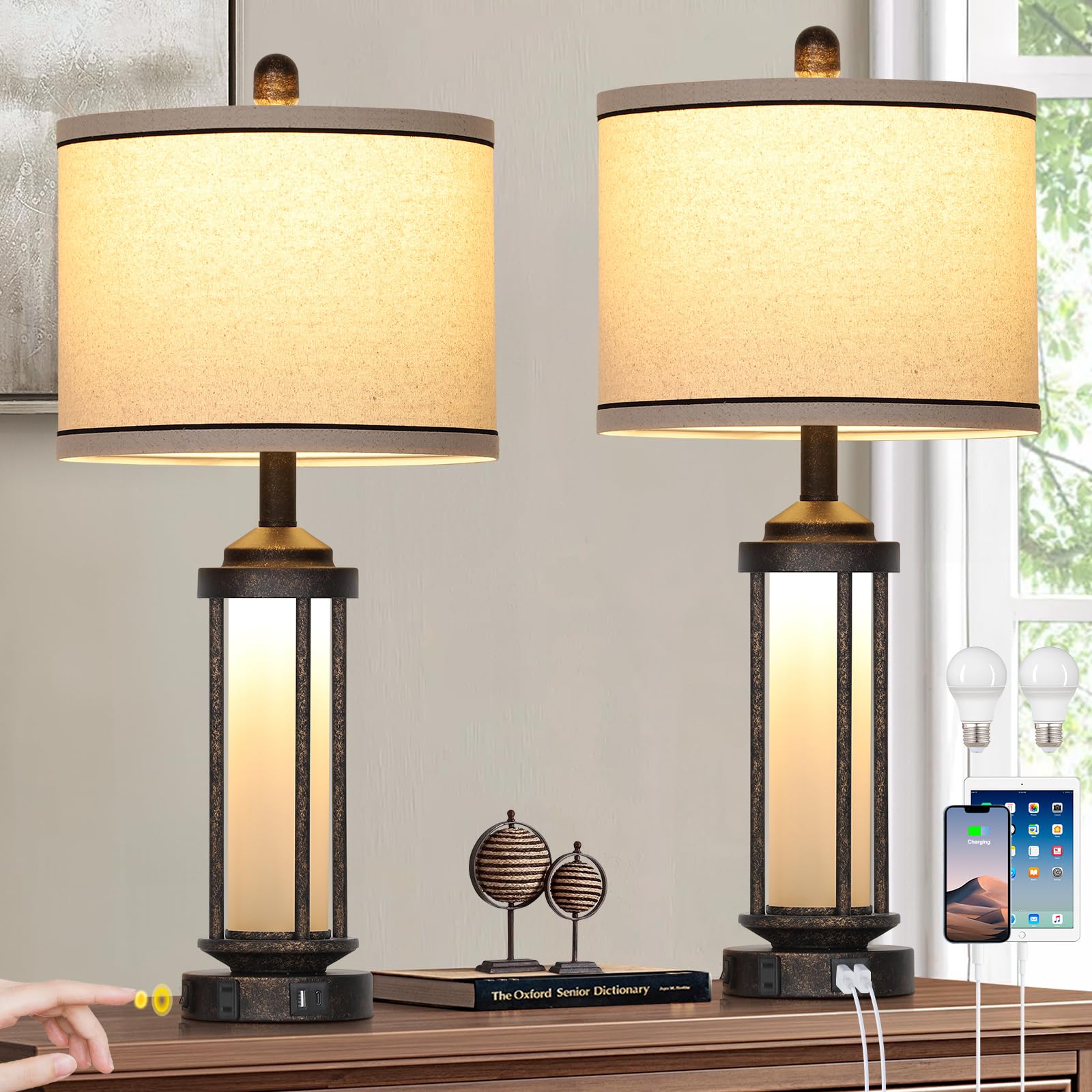 27" Farmhouse Industrial Table Lamps, Vintage Rustic Retro Beside Lamps