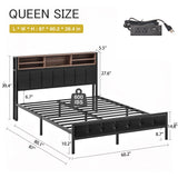 Queen Metal Bed Frame with Wooden Headboard and LED Charging Station