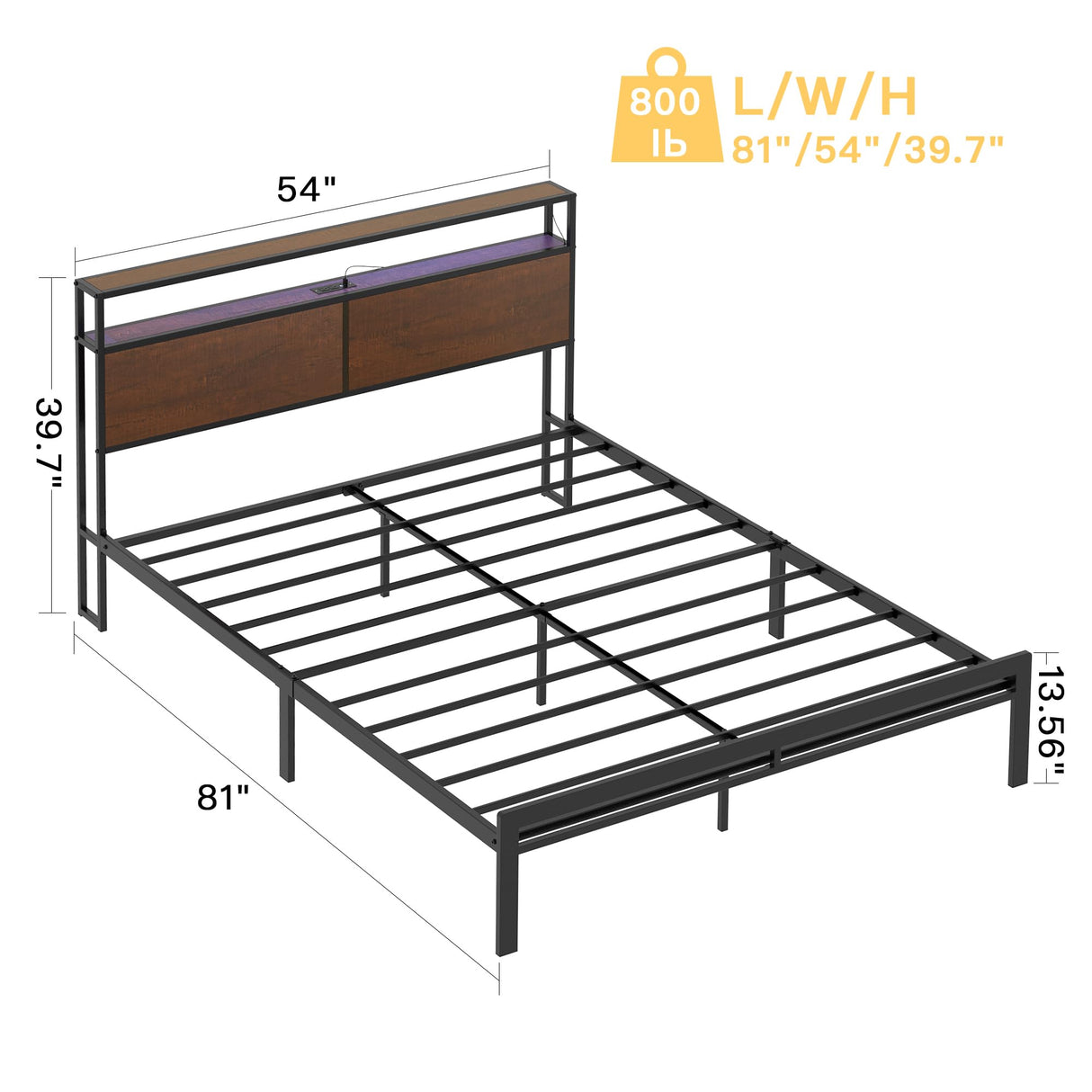 Full Bed Frame with Storage Headboard Metal Platform Bed with LED Lights USB Ports