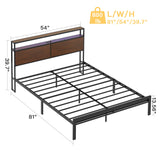 Full Bed Frame with Storage Headboard Metal Platform Bed with LED Lights USB Ports