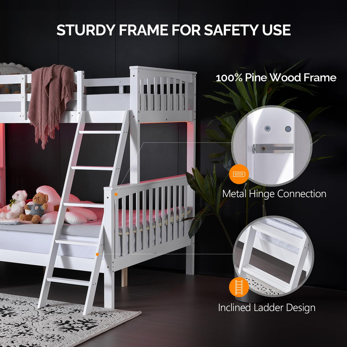 Bunk Bed Twin Over Full Size with LED Light/USB Port/15’’ Extra Tall Safety Guardrails