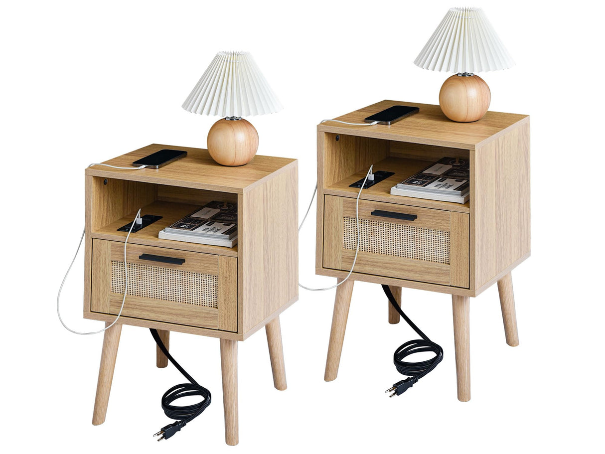 Rattan Nightstand with Charging Stantion, Rattan Side Table with Storage, Mid Century