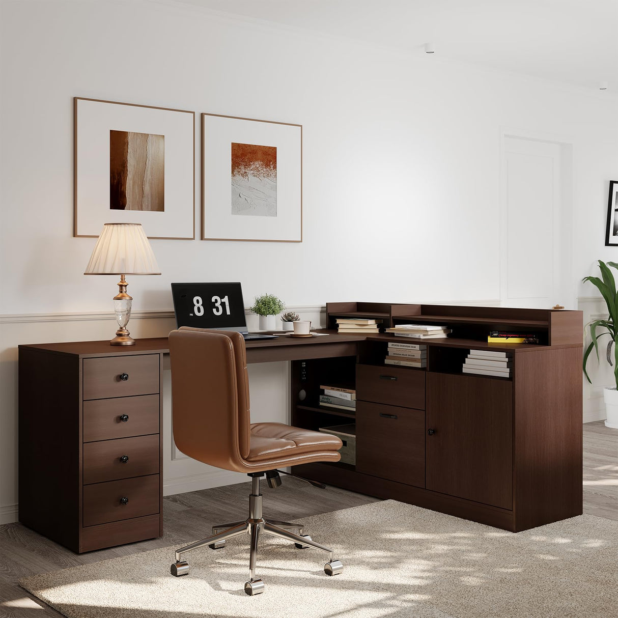 L Shape Desk - Executive desk with Drawers and Cabinet Storage, Charging Station