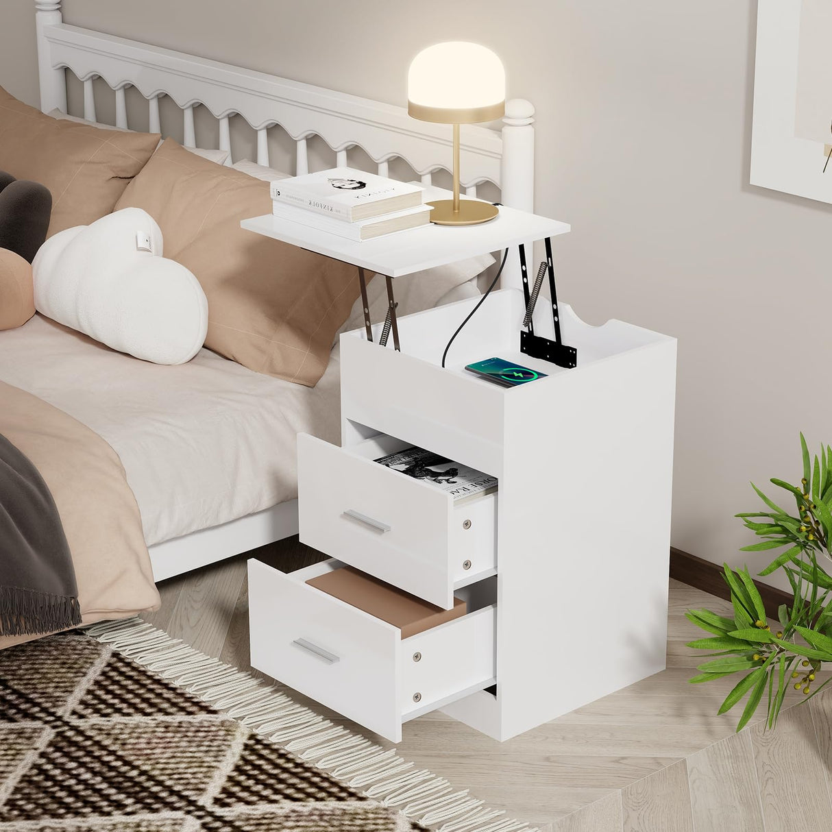 Nightstand with Charging Station,Upgrade Nightstand with Lifting Top,Night Stand with Drawers, End Table with USB Ports and Outlets, Bedside Table for Bedroom, White