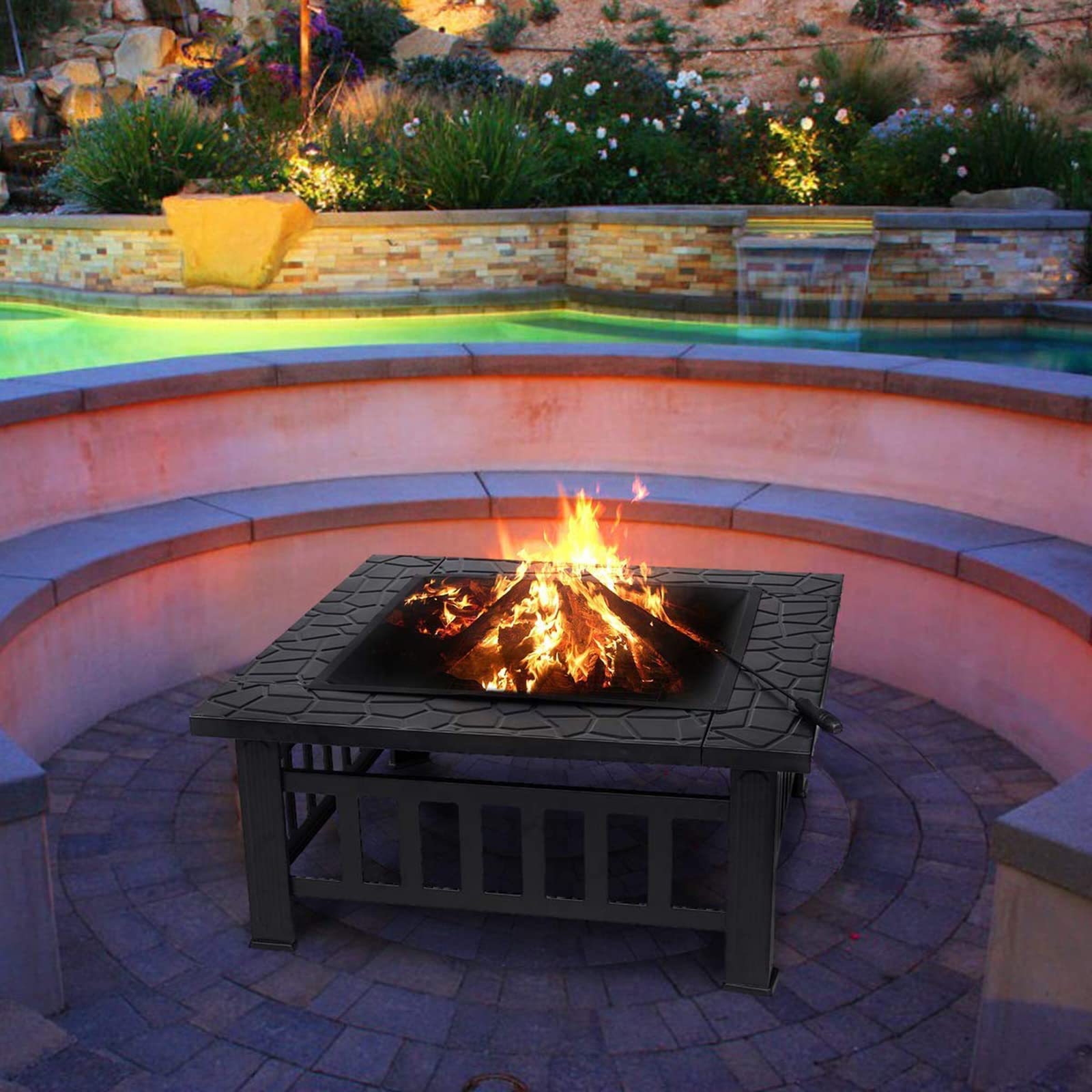 32'' Fire Pit Wood Burning Firepit Metal Square Outdoor Fire Pit Steel BBQ Grill Fire Pit Bowl with Spark Screen Cover, Poker Log Grate for Patio Bonfire Camping Backyard Garden Picnic - Bircata