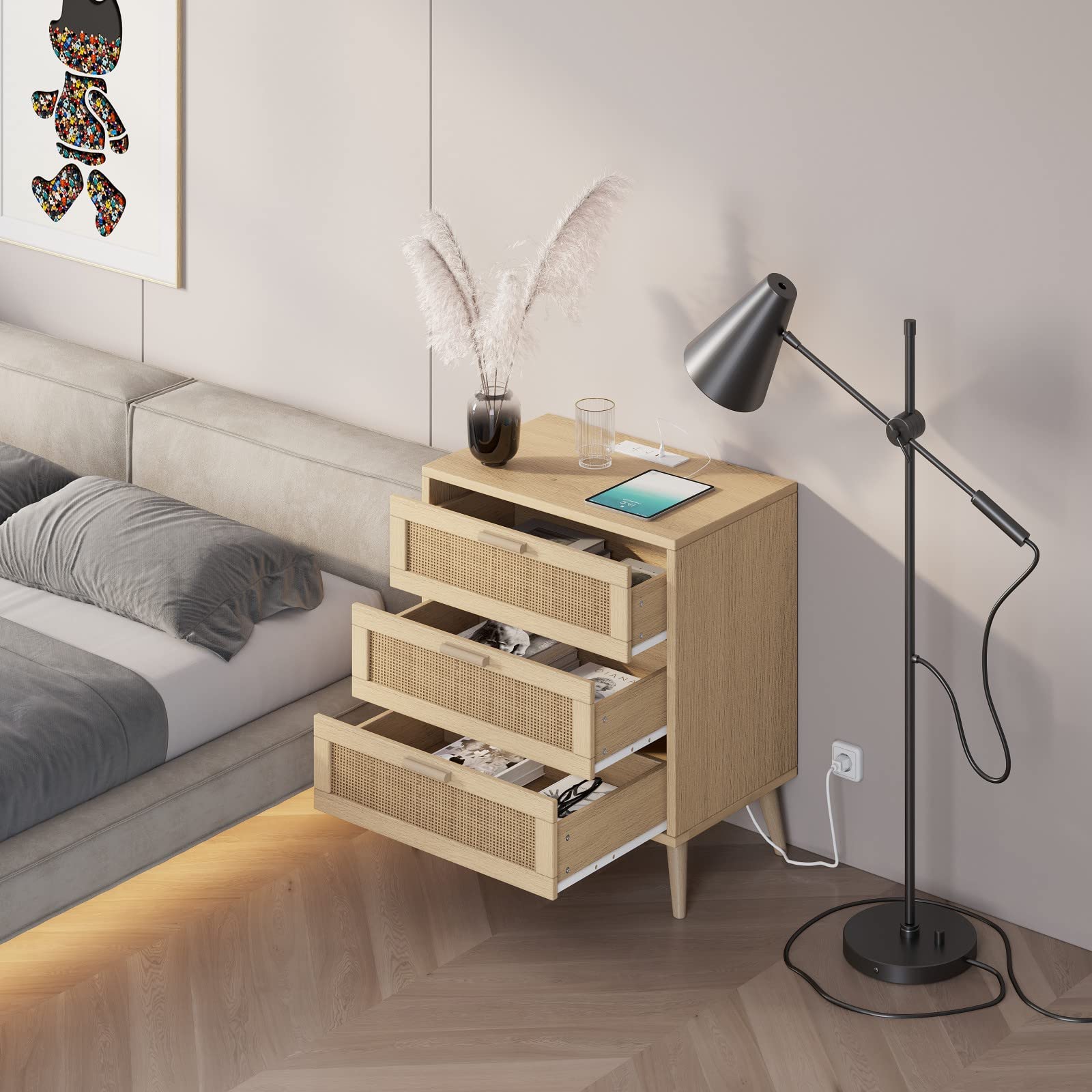 Rattan Nightstand with Charging Station, Night Stand with Rattan Decorated Drawers