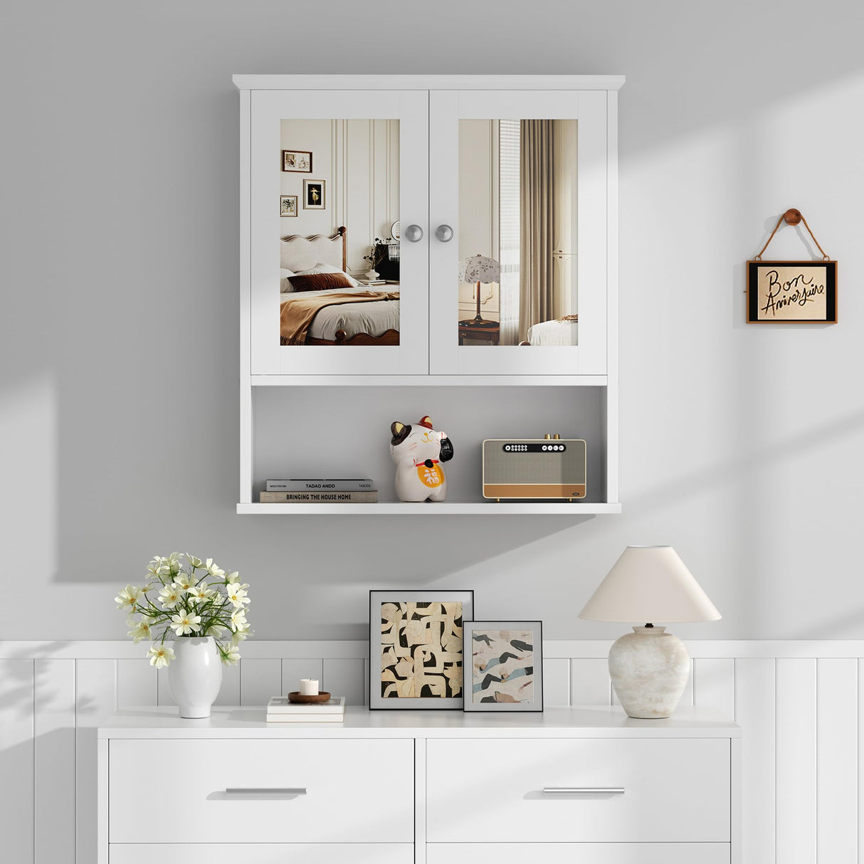 Bathroom Cabinet with Mirror, Wood Medicine Cabinet with Adjustable Shelf