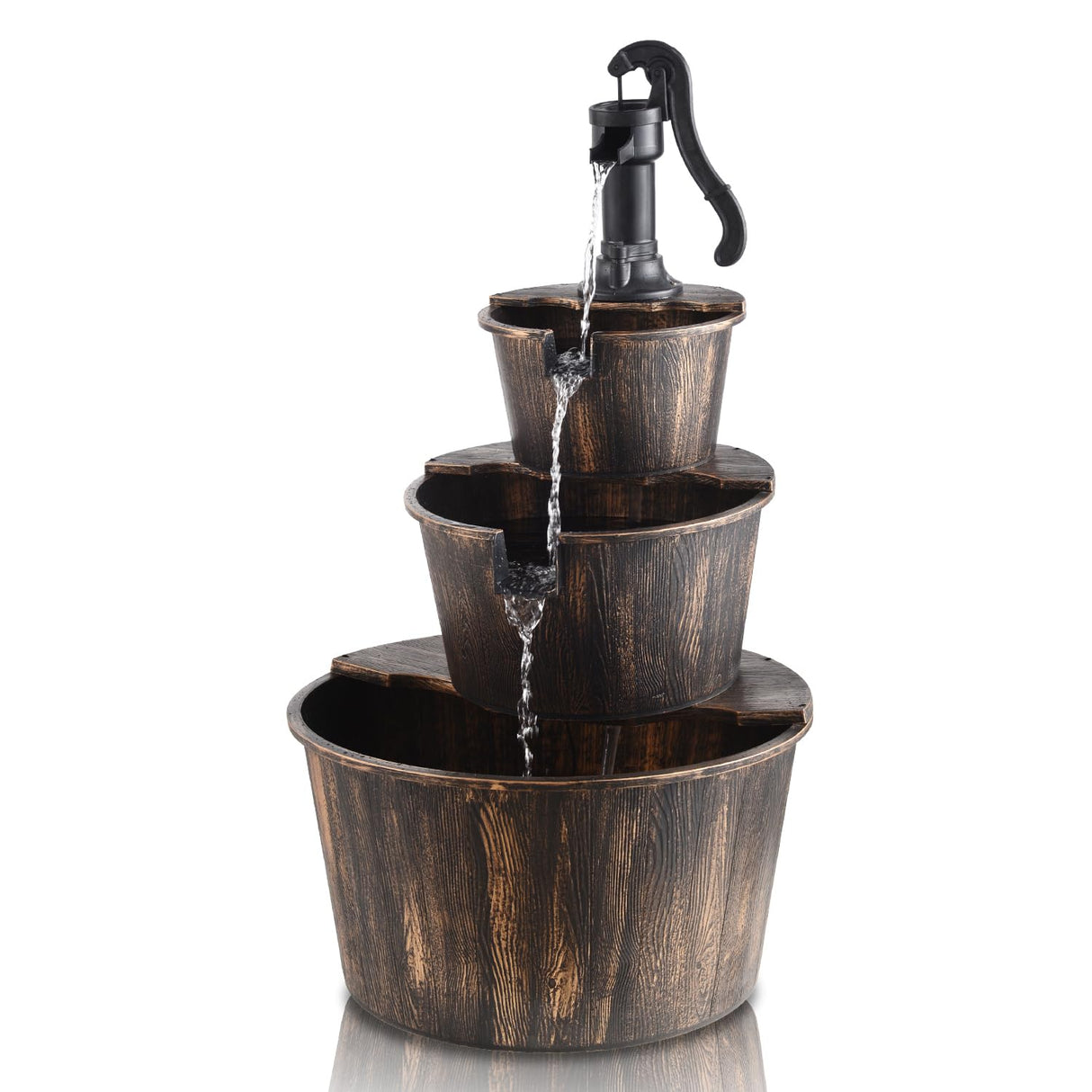 40-Inch 3 Tier Barrel Waterfall Fountain Outdoor Water Fountains Barrel Wood 3-Tier Freestanding Rustic Pump