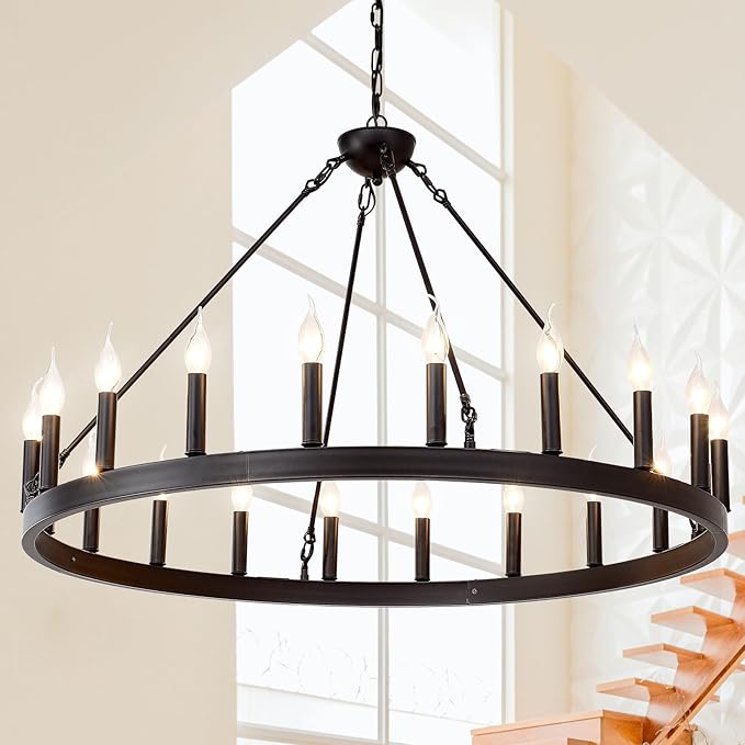 Black Wagon Wheel Chandelier 40 inch,20-Light Farmhouse Wagon Wheel Chandeliers