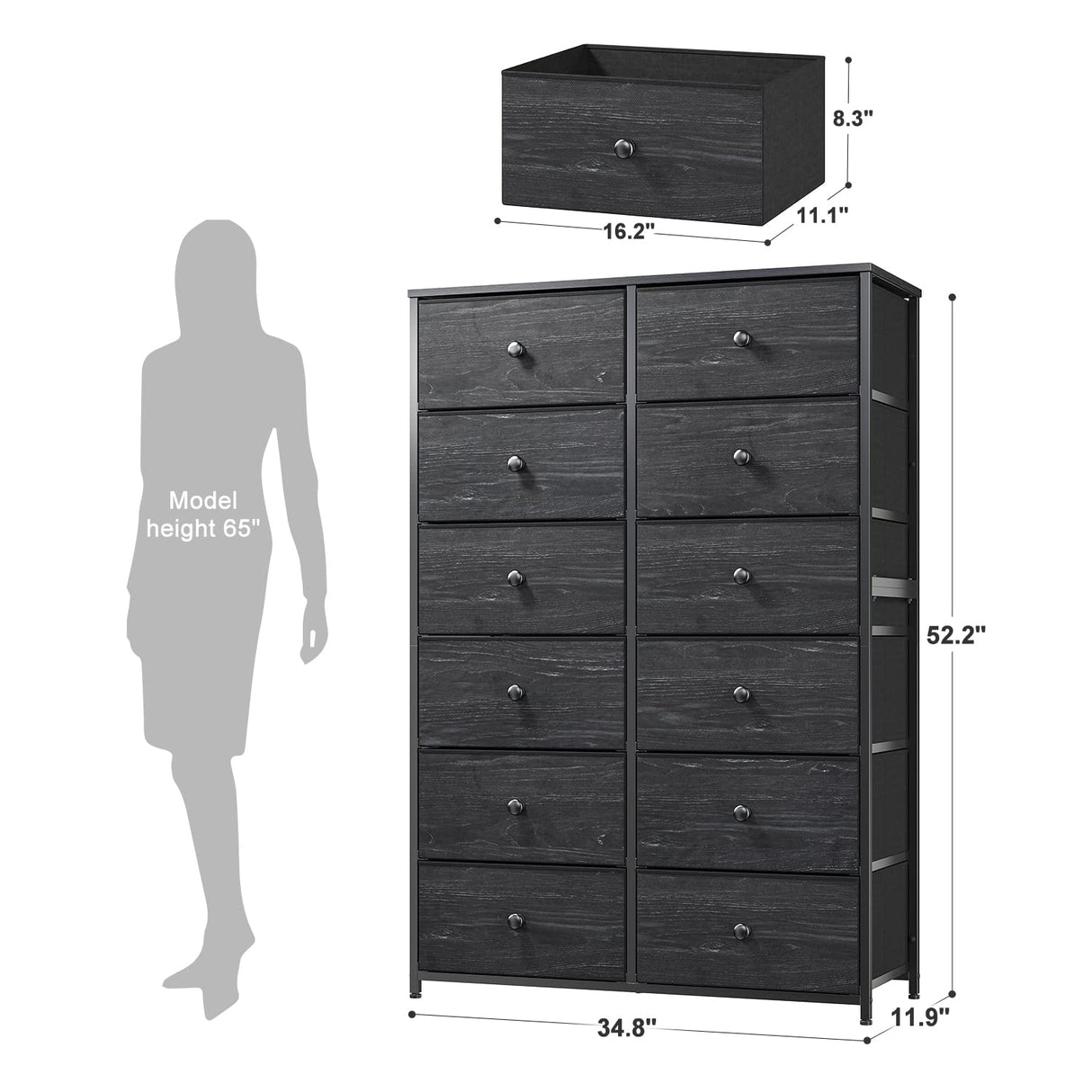 Tall Dressers for Bedroom, 12 Drawer with Wooden Top and Metal Frame