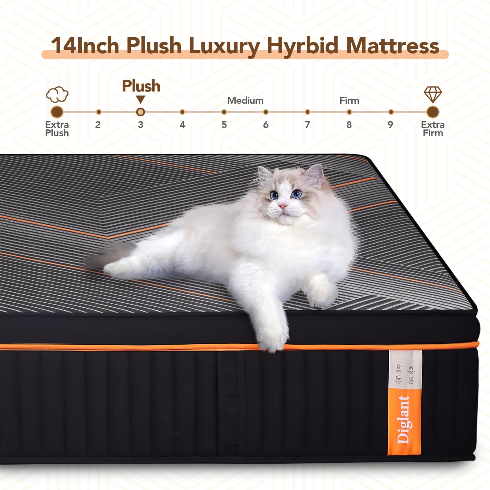 King Mattress, 14 Inch Plush Hybrid Mattress, Black Memory Foam