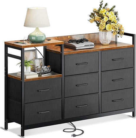 Dresser with Charging Station, 52-Inch Long Dresser for Bedroom with 8 Storage Drawers,