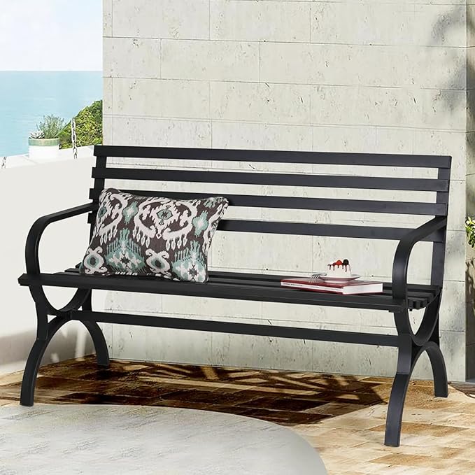 Outdoor Garden Park Bench Patio 50" Metal Bench, Steel Frame Bench