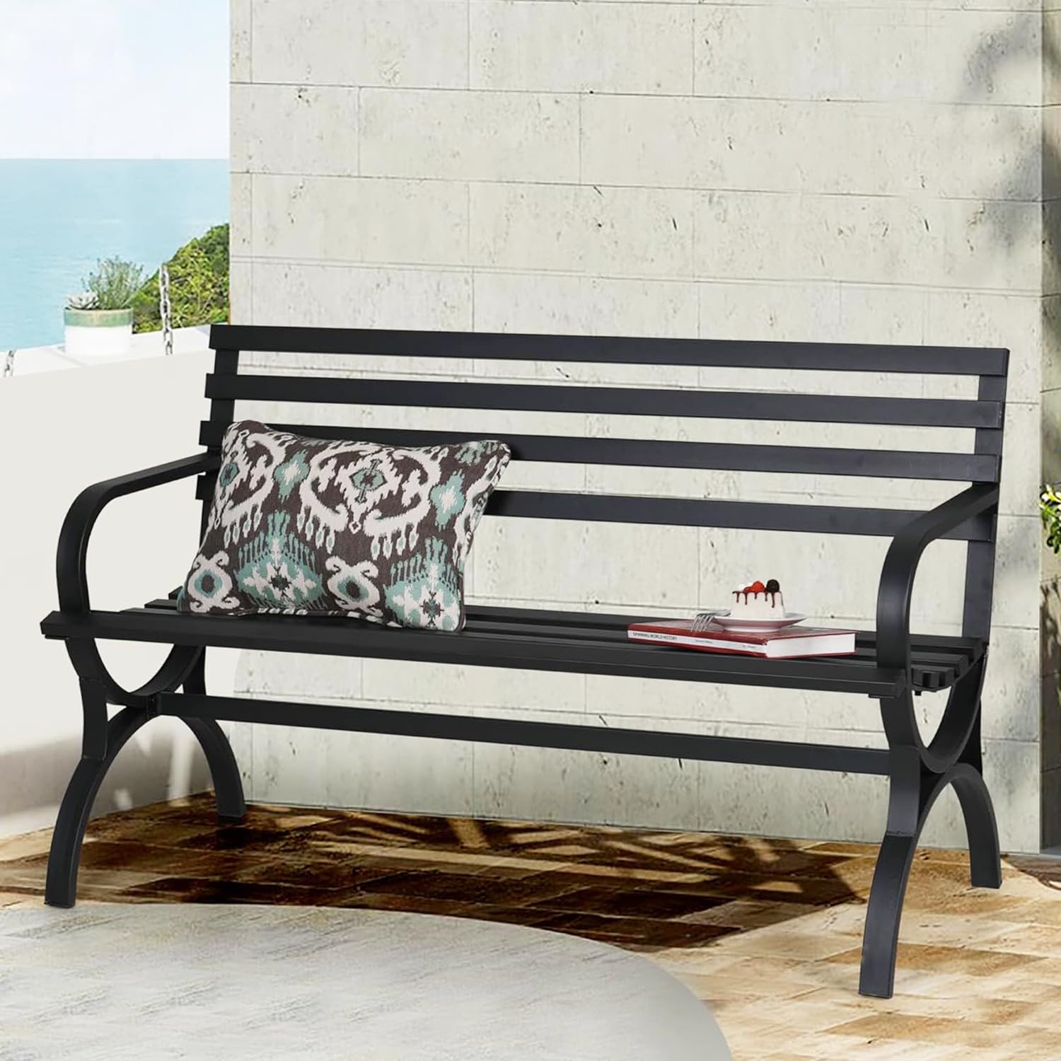Outdoor Garden Bench, 48” Long Metal Steel Bench with Backrest and Armrests