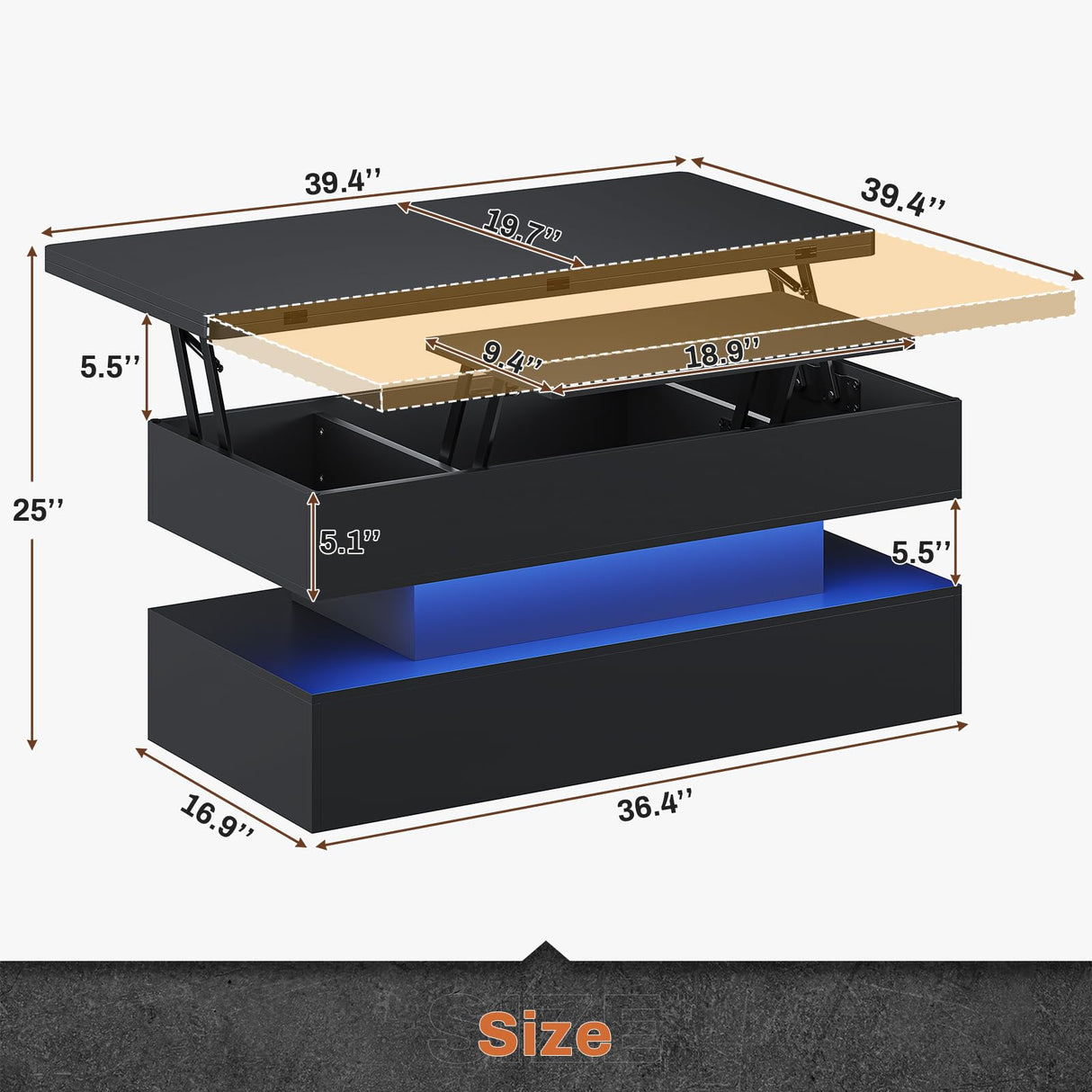 40" Lift Top Coffee Table, 4 in 1 Coffee Table with Storage & LED Light