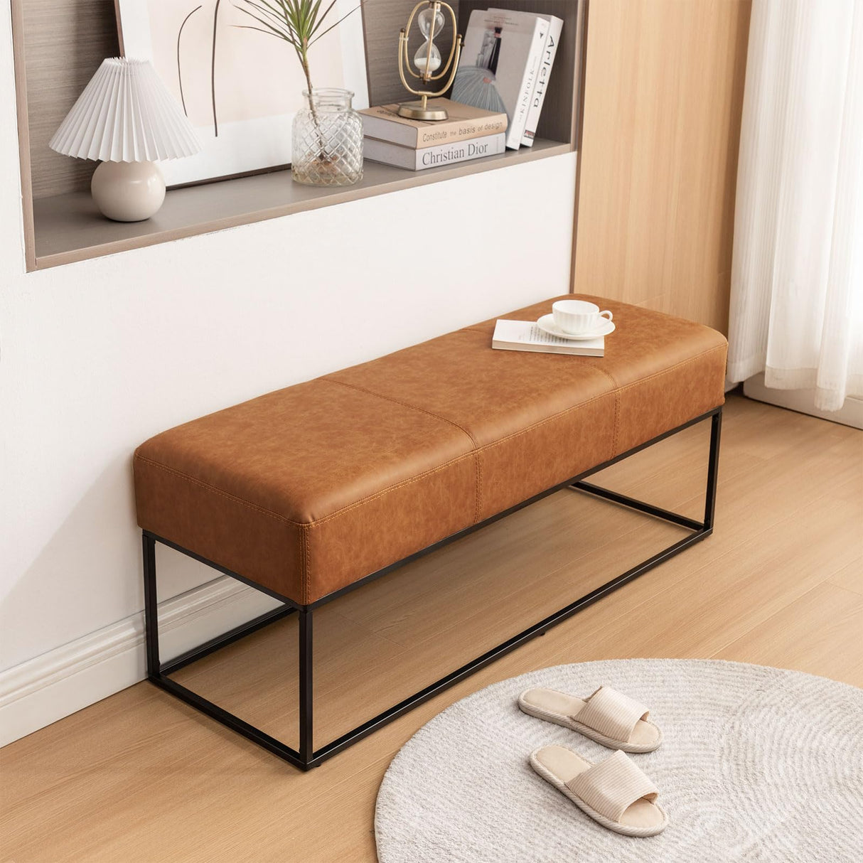 Leather Entryway Bench for Bedroom End of Bed, Modern Ottoman Bench with Faux