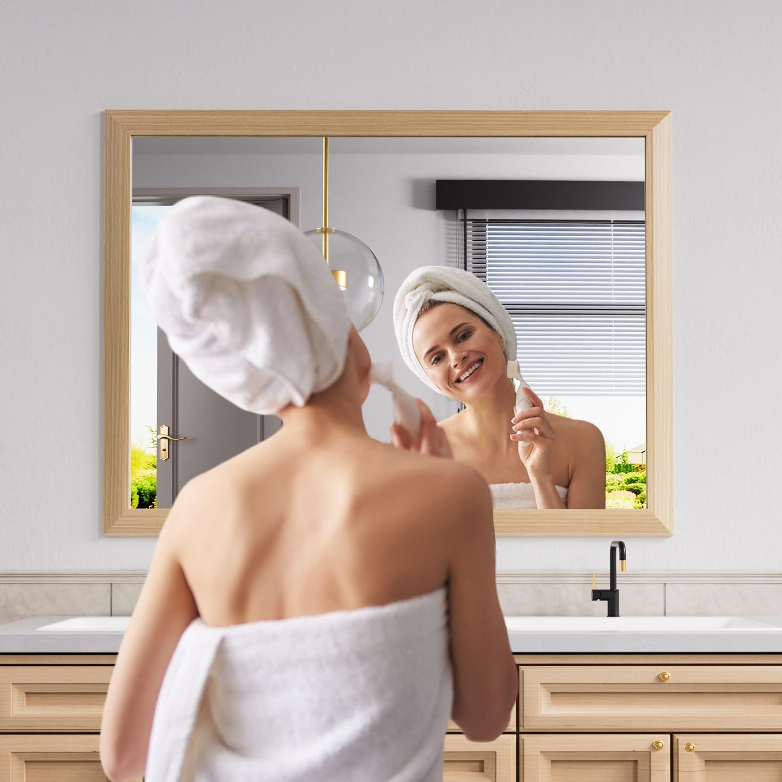 Bathroom Mirror,  Wall Mirror, Oak Wood Grain Metal Framed