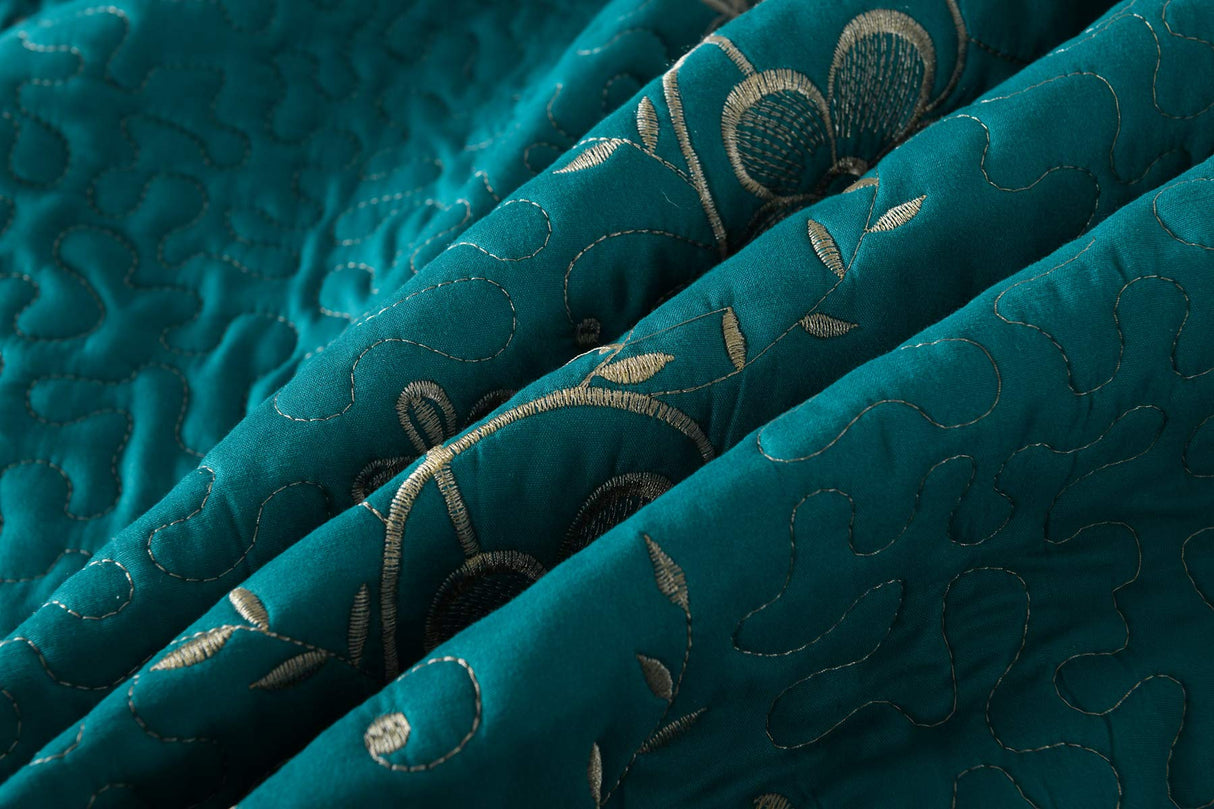 3 Piece Lightweight Bedspread Quilt Set Microfiber Quilt Embroidered Bedspreads Bed Coverlet Set, Lapaz (Teal, Queen)