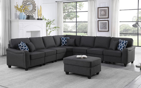 Leo Dark Gray Linen 8Pc Modular L-Shape Sectional Sofa and Ottoman