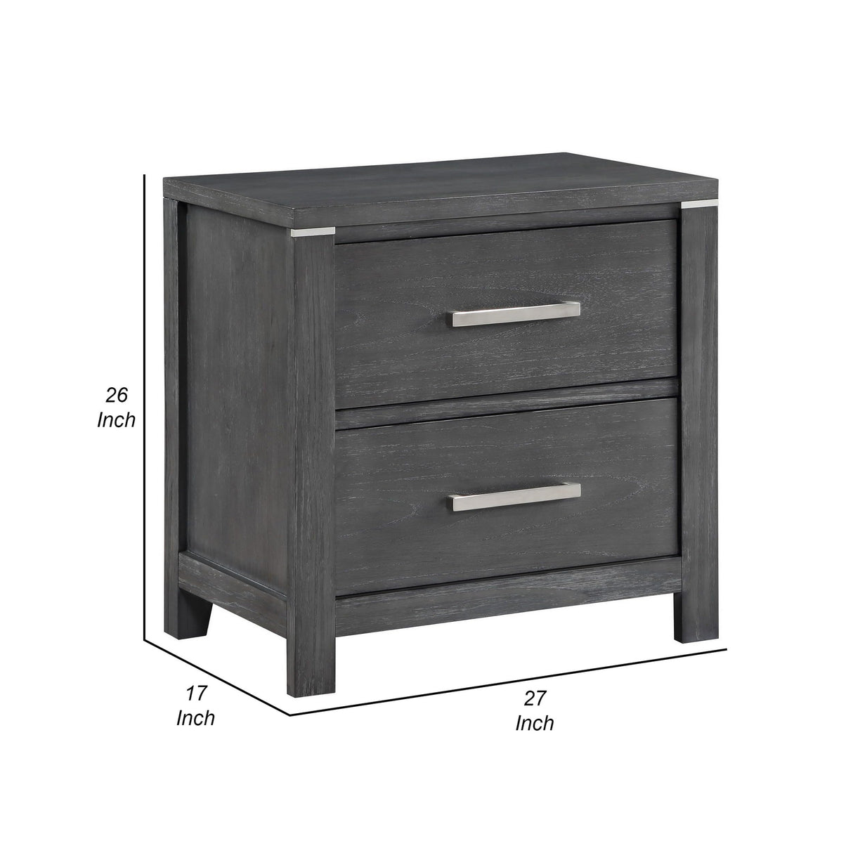 Tal 27 Inch Nightstand, 2 Drawers Handles, Charcoal Finish, Gray, Chrome