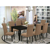 East West Furniture LGBR9-BLK-17 9 Piece Dining Room Set Includes a Rectangle Butterfly Leaf Kitchen Table and 8 Light Sable Linen Fabric Upholstered Chairs, 42x84 Inch, Black