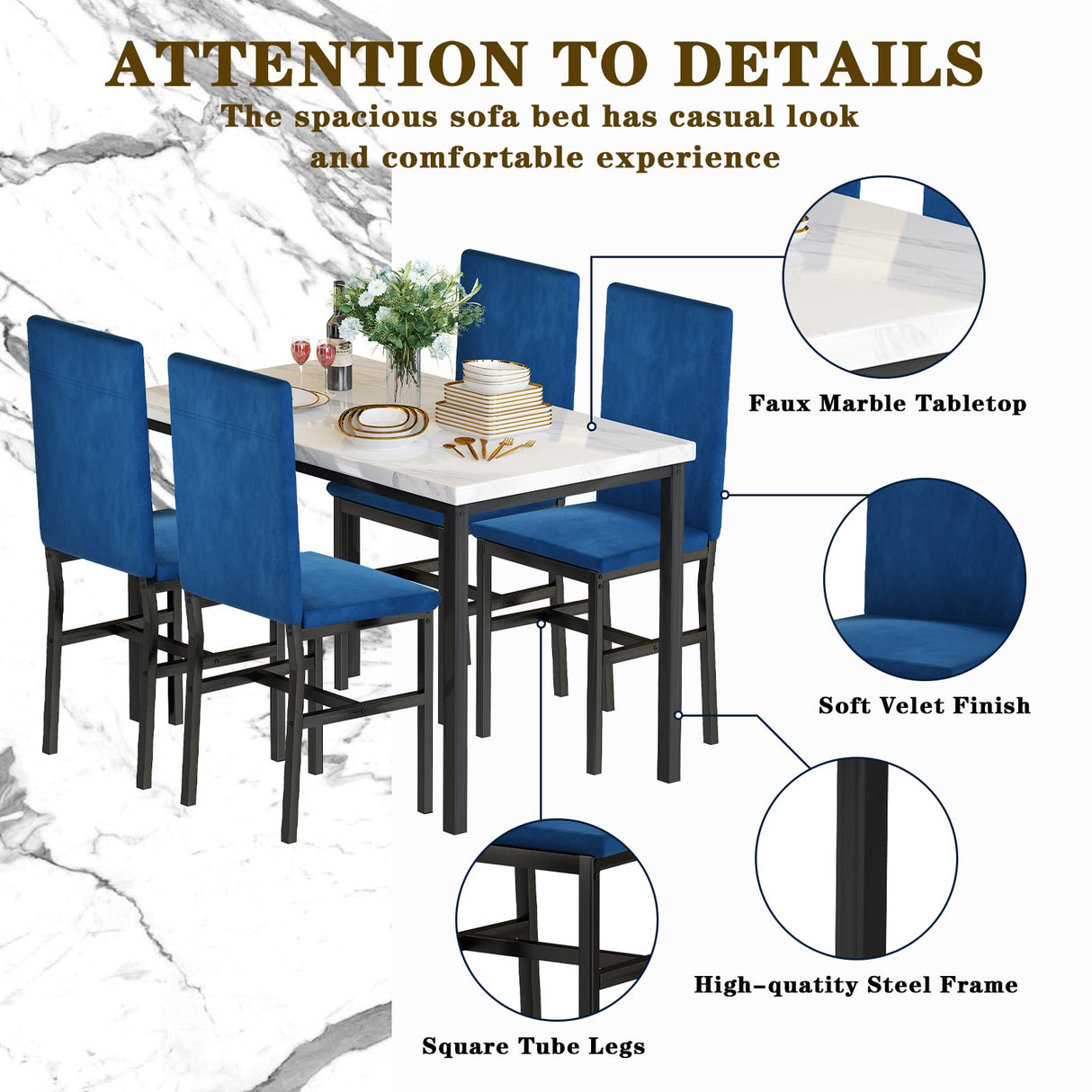 4-Piece Dining Table Set with Faux Marble Top and Blue Velvet Chairs