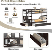 KOMFOTT Twin Over Twin Bunk Bed with Trundle & Storage Stairs, Wooden Bunk Bed Frame with Storage Shelves & Drawer, Trundle Bunk Bed Frame with Guardrails, No Spring Box Required (Espresso)