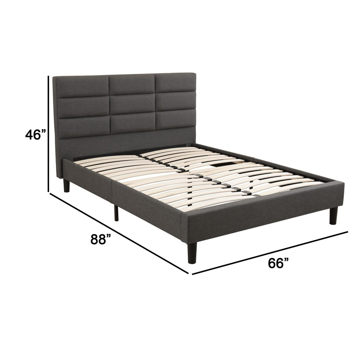 Rin Queen Size Platform Bed, Charcoal Gray Upholstery, Panel Headboard