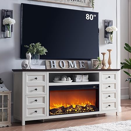 Fireplace TV Stand for TVs up to 80 Inches with 36" Electric Fireplace, 31" Farmhouse