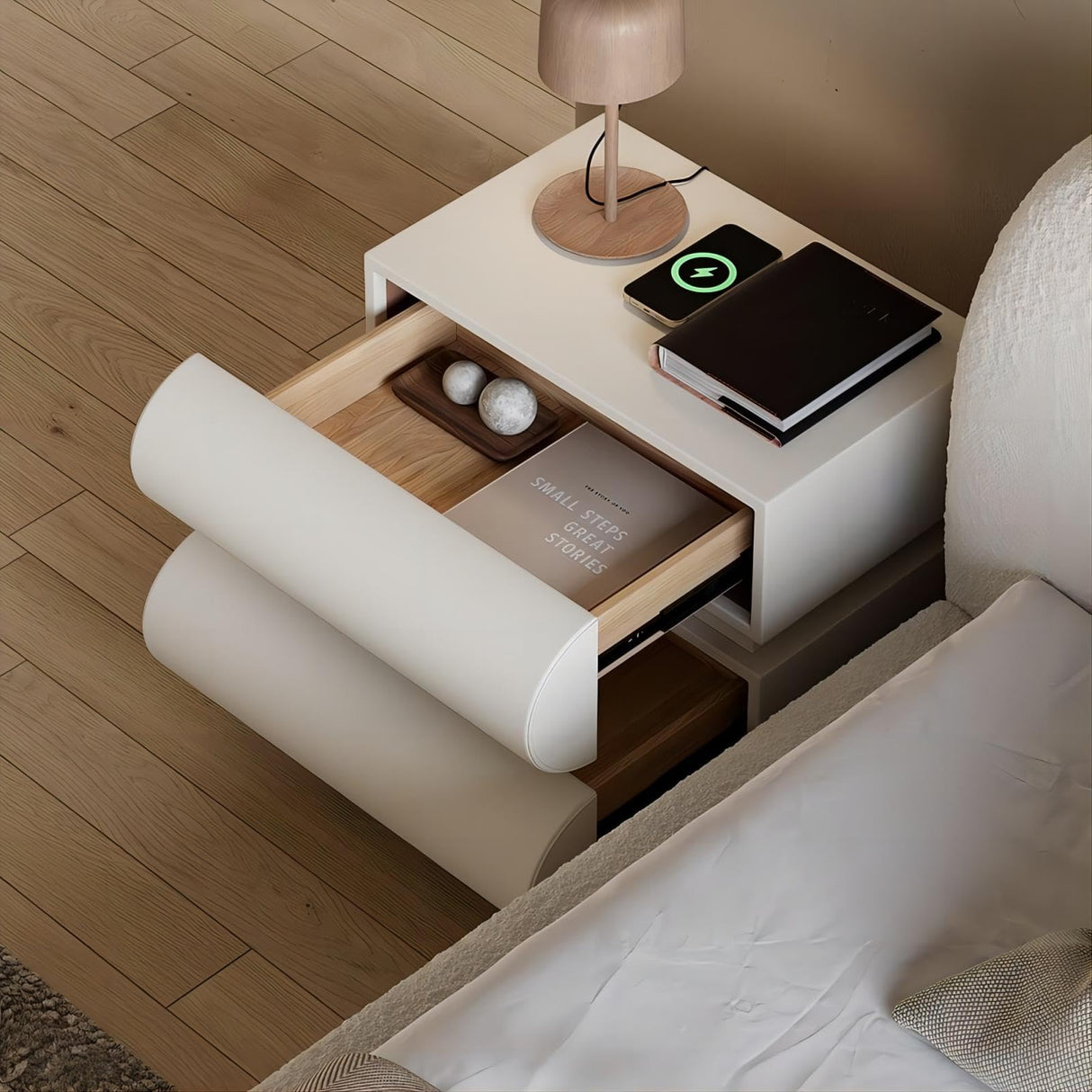 Smart Nightstand Modern White Leather Nightstands with Wireless Charger Bedside Table