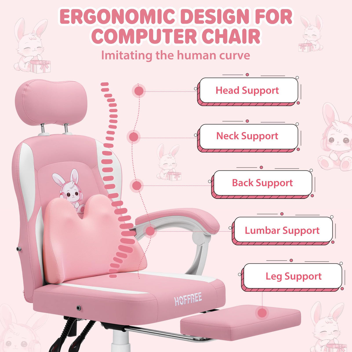 Kids Gaming Chair with Bunny Massage Lumbar Pillow - Pink Desk Chair with Adjustable Headrest & Footrest