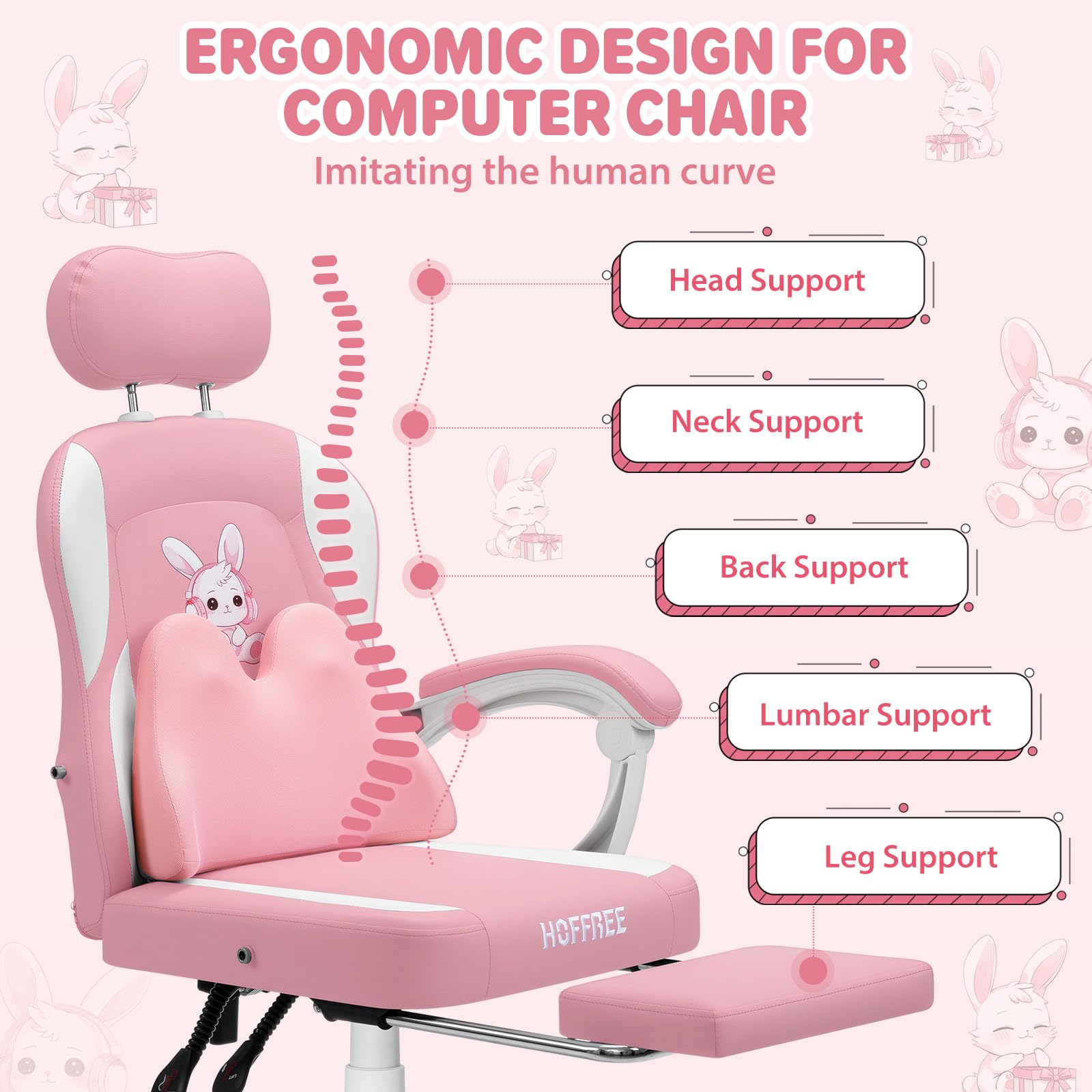 Kids Gaming Chair with Bunny Massage Lumbar Pillow - Pink Desk Chair with Adjustable Headrest & Footrest