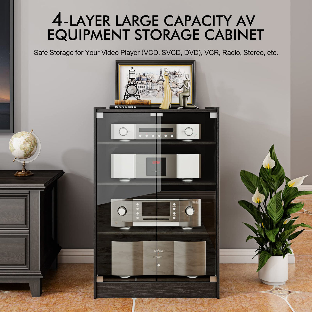 Media Storage Cabinet, 4-Tier Shelves Audio Video Media Stand Cabinet