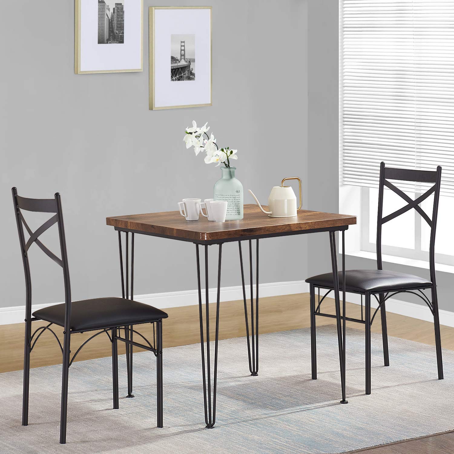 3 Piece Kitchen Dining Room Table and Chairs Set for Dinette, Breakfast Nook, Farmhouse