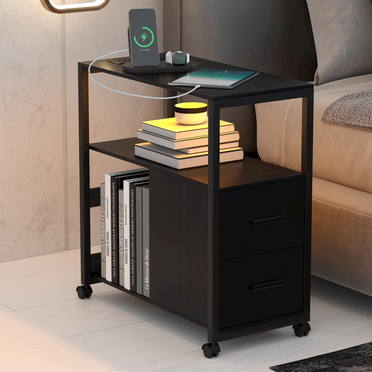 Side Table with Charging Station, End Table with Led Light, Black Nightstand with 2 Drawers, 3-Tier Storage, Wheels and USB Ports & Outlets for Bedroom