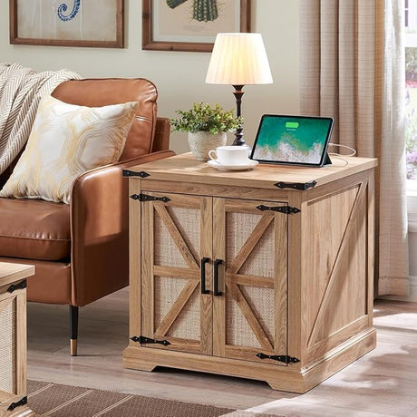 Farmhouse End Table with Charging Station,24" Large Sofa Side Table