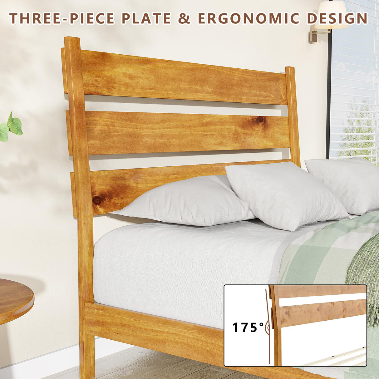 Solid Wood Bed Frame with Ergonomic Headboard, Full Size Mid Century Wooden Platform