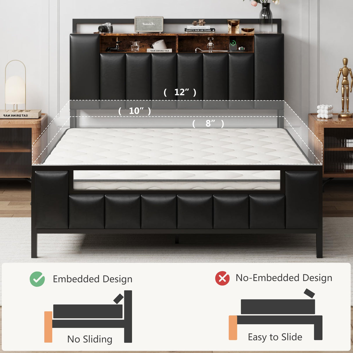 Queen Bed Frame with Storage Headboard & Charging Station, PU Leather Platform Bed