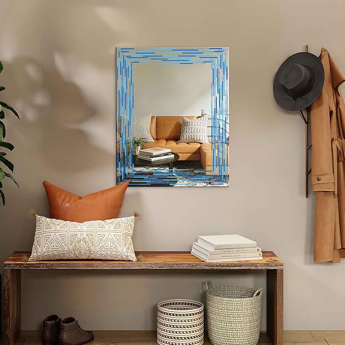 24"x30" Reeded Tiled Sea Glass Aqua Blue Vanity Mirror for Bathroom Wall