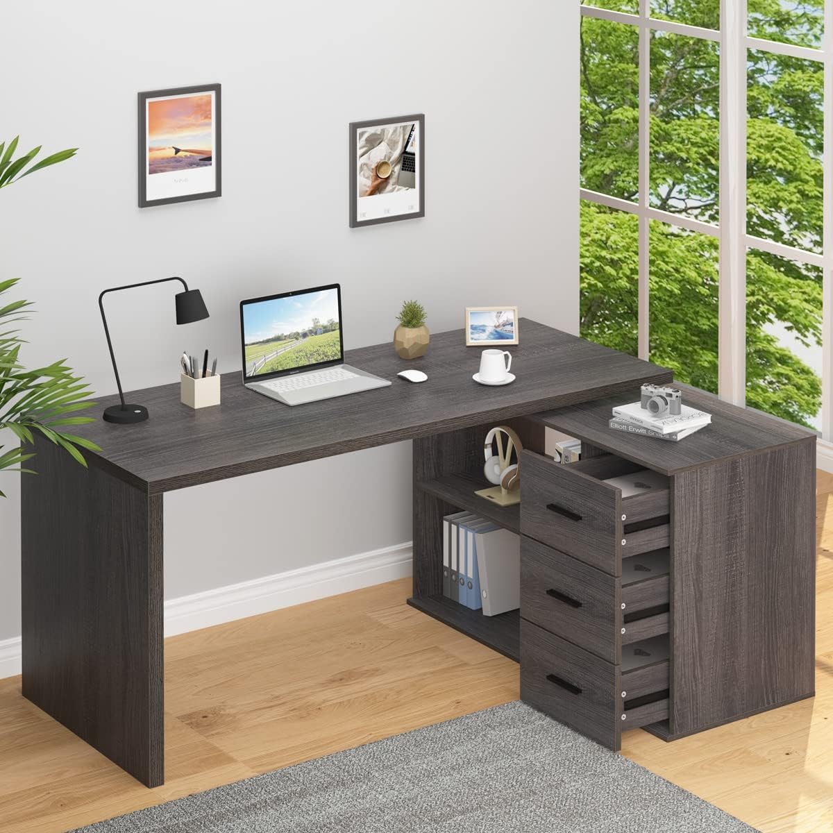 L Shaped Computer Desk with Drawers, 360 Rotating L Shape Desk with Storage Cabinet