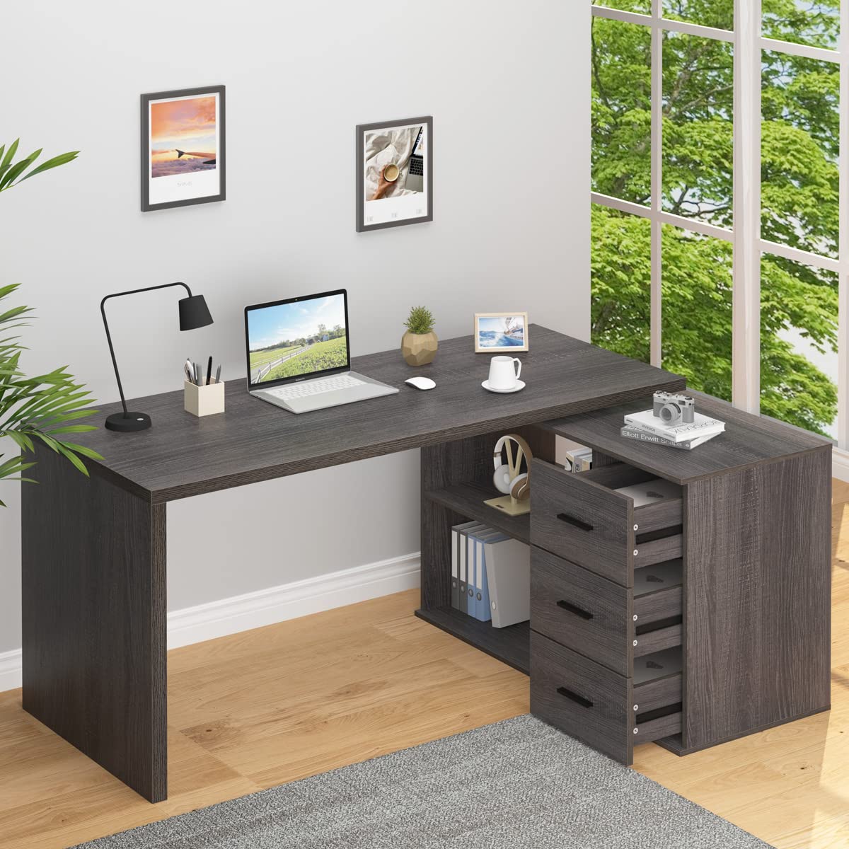 L Shaped Computer Desk with Drawers, 360 Rotating L Shape Desk with Storage Cabinet