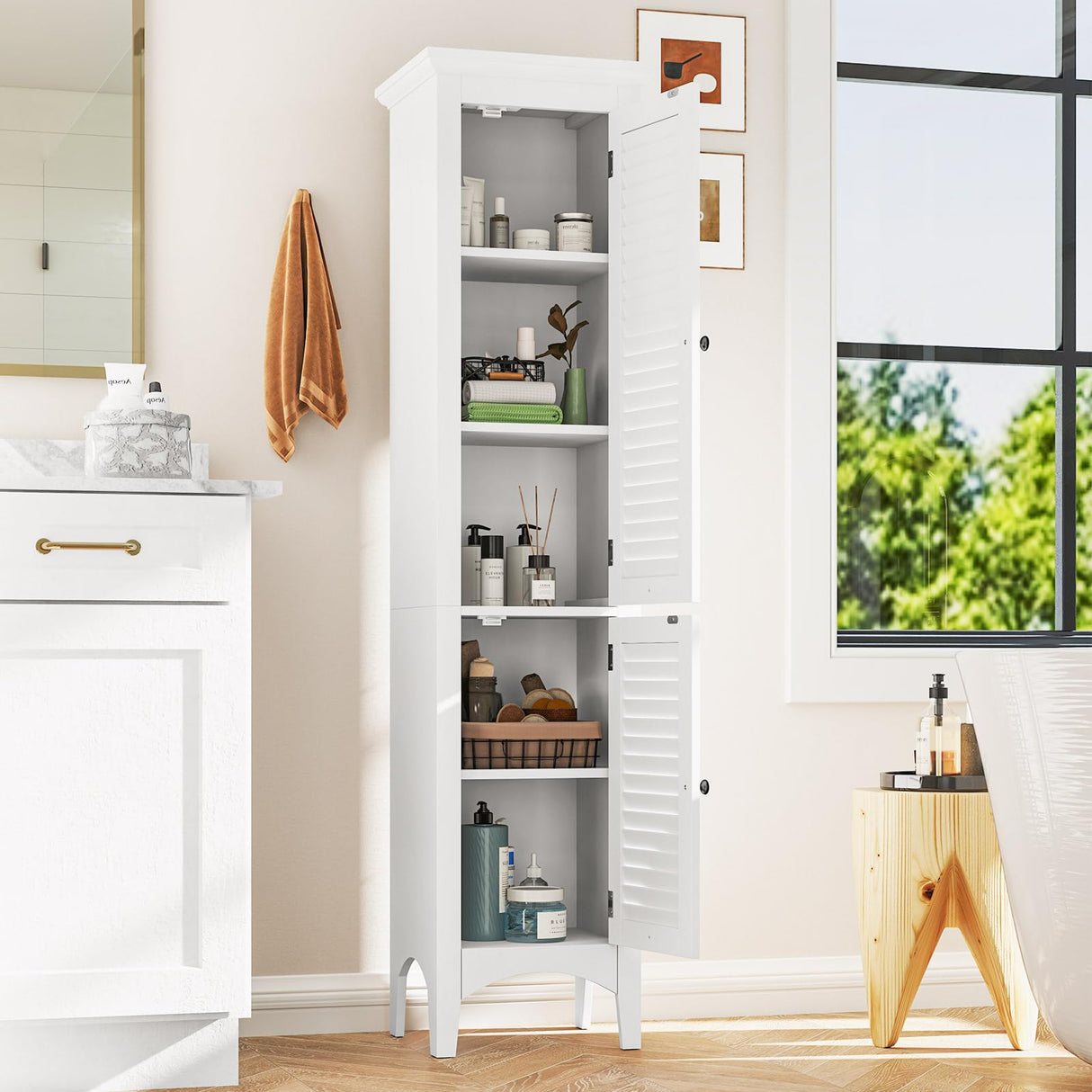 63" Tall Bathroom Storage Cabinet, Freestanding Narrow Linen Tower