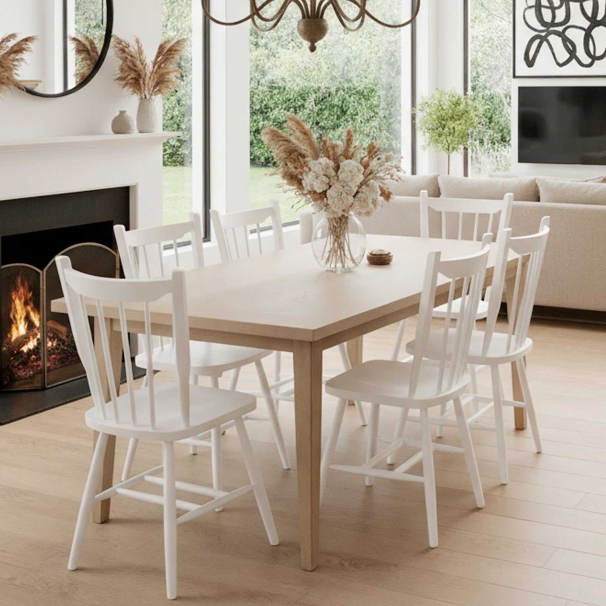 White Windsor Dining Chairs Set of 6 - Solid Wood Spindle Back