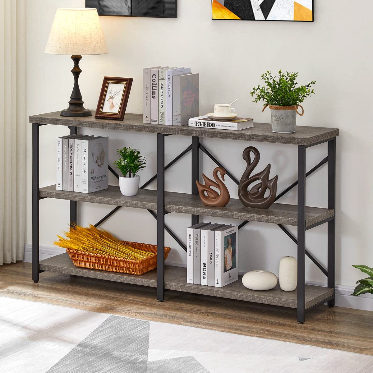 Rustic Console Table Behind Sofa, Industrial Entryway Table with Storage Shelves